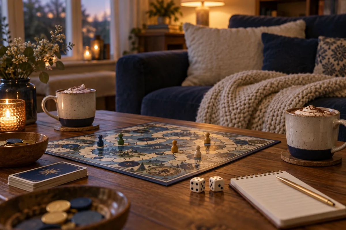 Juego de mesa familiar a medio jugar sobre una mesa de madera, con fichas, dados, una libreta de puntajes y dos tazas de chocolate
