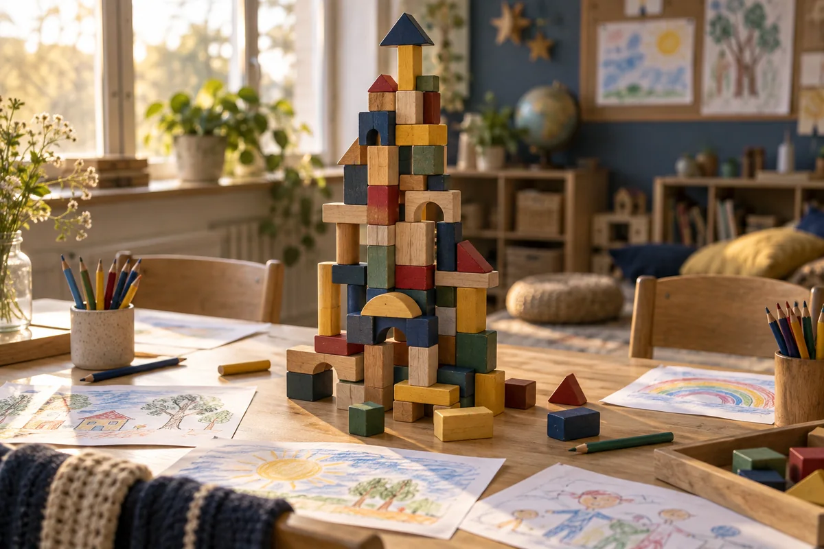 Torre de bloques de madera de muchos colores construida entre varios niños sobre la mesa de un salón
