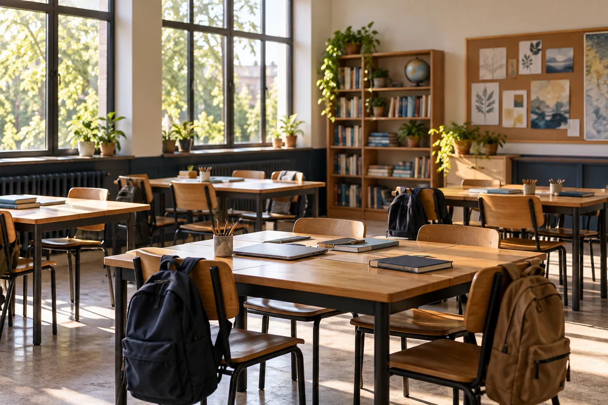 Salón de secundaria vacío con pupitres agrupados, una estantería y ventanales que dan a los árboles