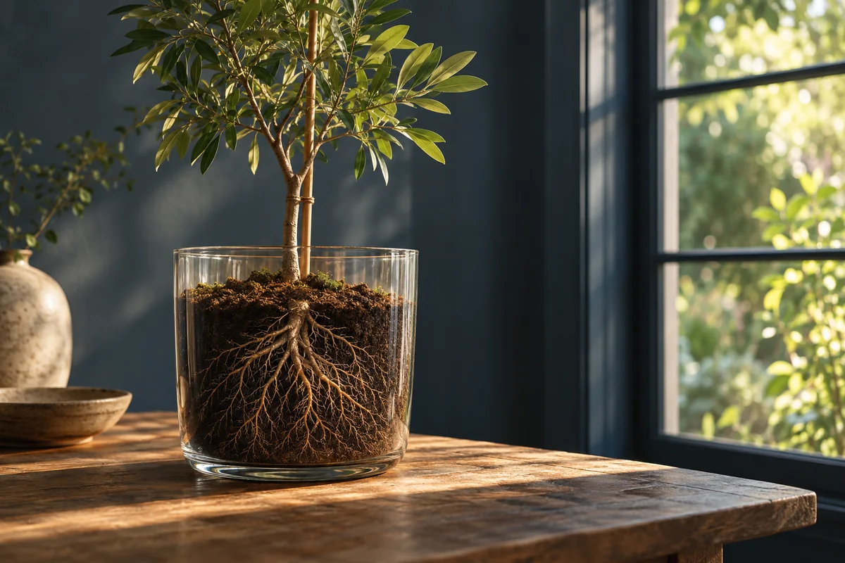 Árbol joven en una maceta de vidrio, con las raíces a la vista y una estaca de madera que lo sostiene