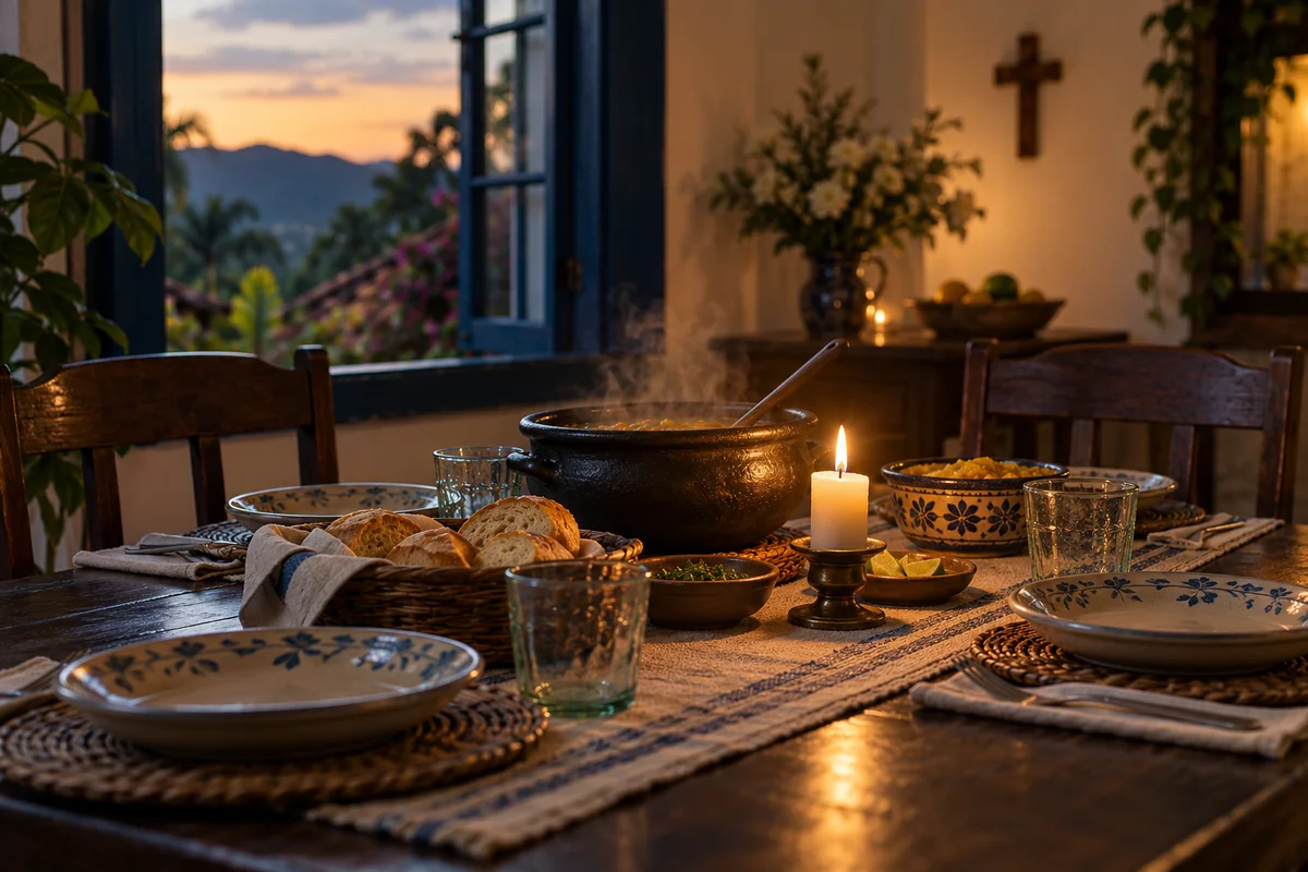 Mesa familiar servida con pan, una vela encendida y una cruz de madera en la pared, antes de dar gracias