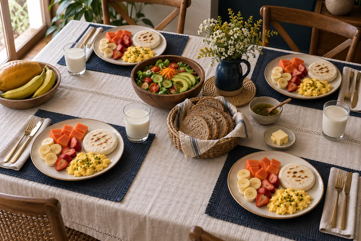 Desayuno familiar saludable para niños visto desde arriba: frutas, arepas, huevos, pan y vasos de leche