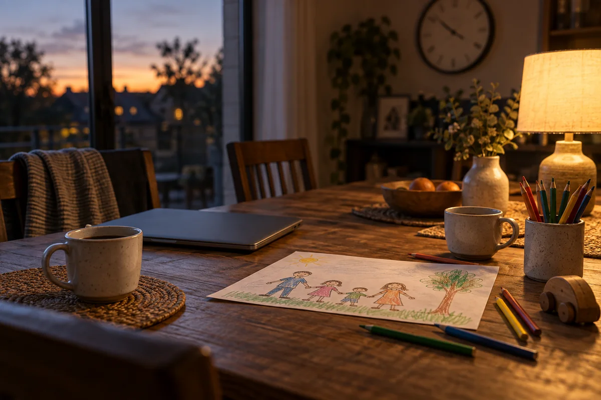 Mesa de comedor al anochecer con un portátil cerrado a un lado, el dibujo de una familia hecho por un niño, lápices de colores y dos tazas
