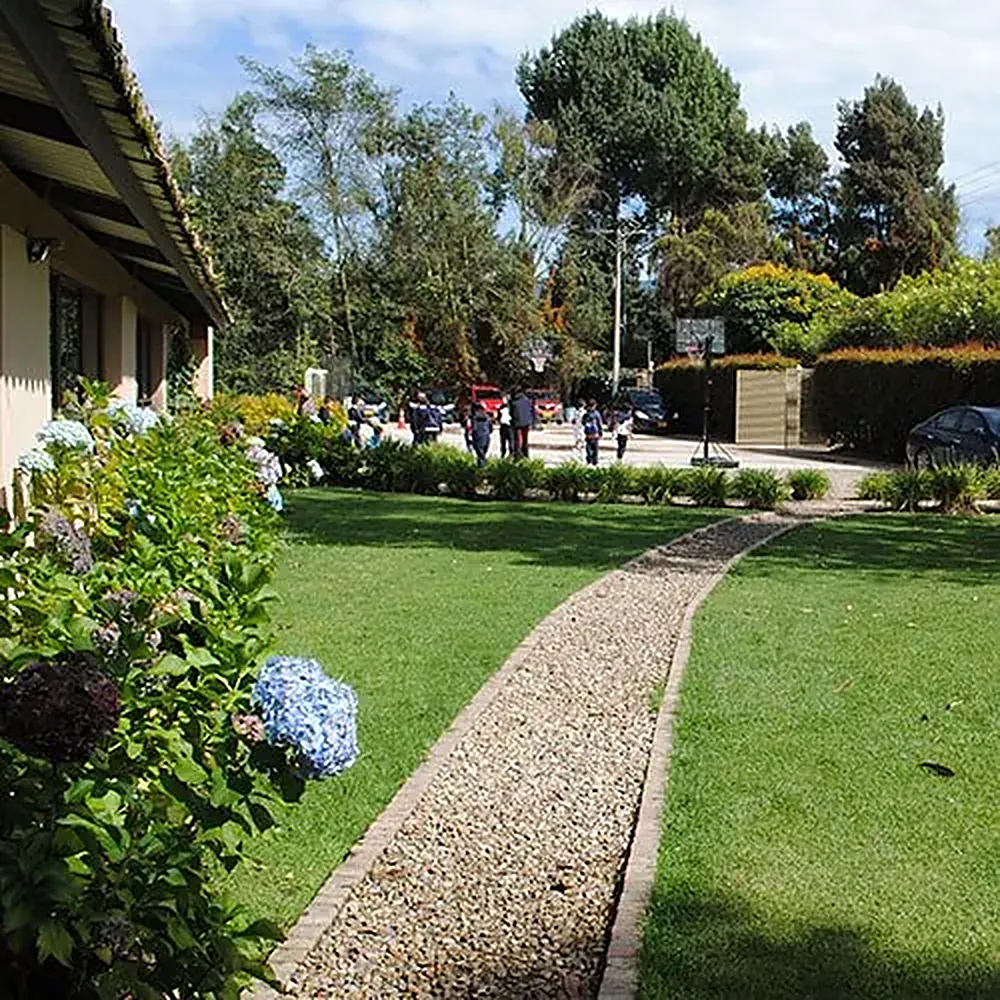 Sendero entre el prado y el jardín de hortensias