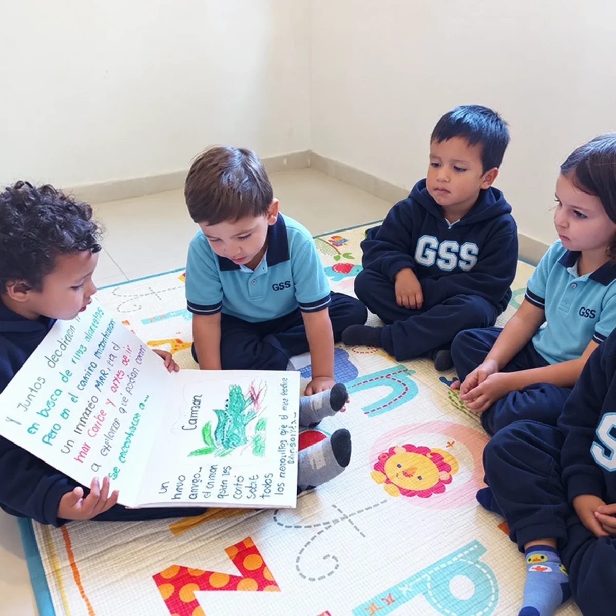 Niños de preescolar leyendo juntos un cuento que ellos mismos escribieron