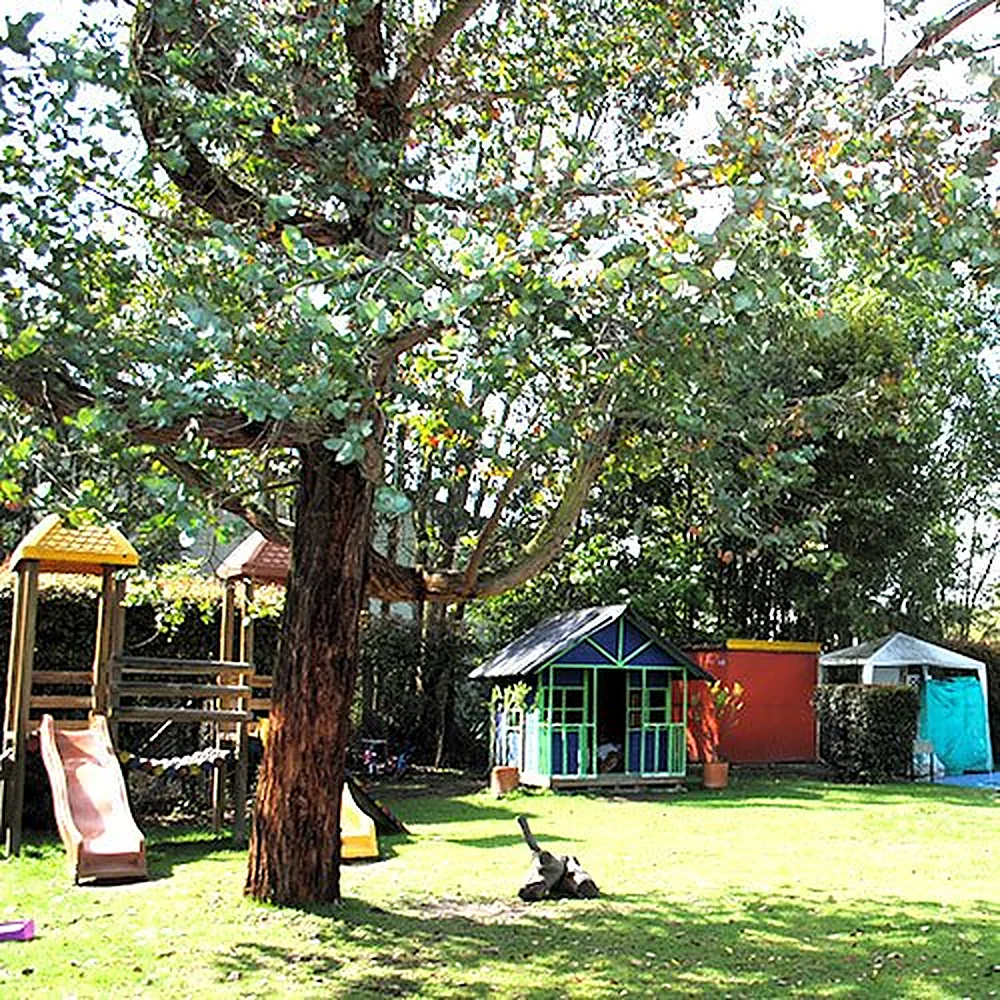 Parque infantil y casitas de juego bajo un árbol grande