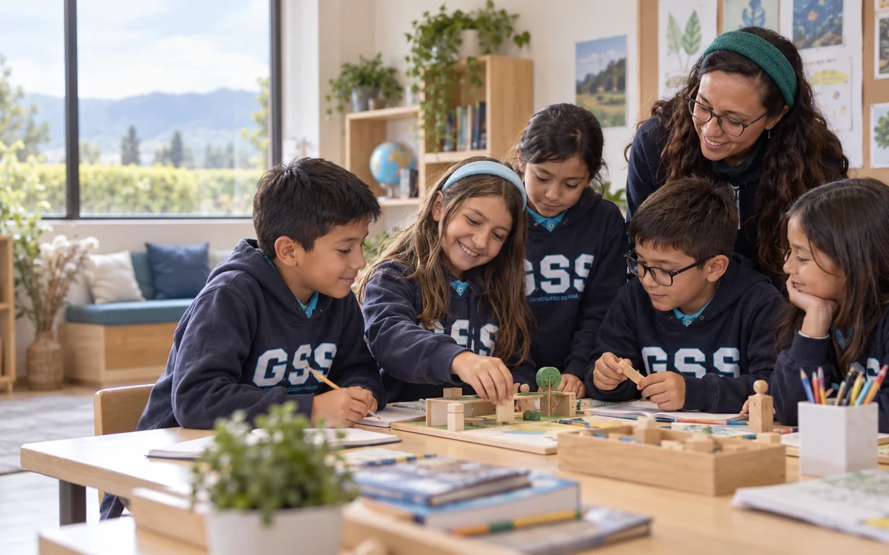 Estudiantes de primaria y su profesora trabajando juntos en un proyecto sobre una maqueta de madera